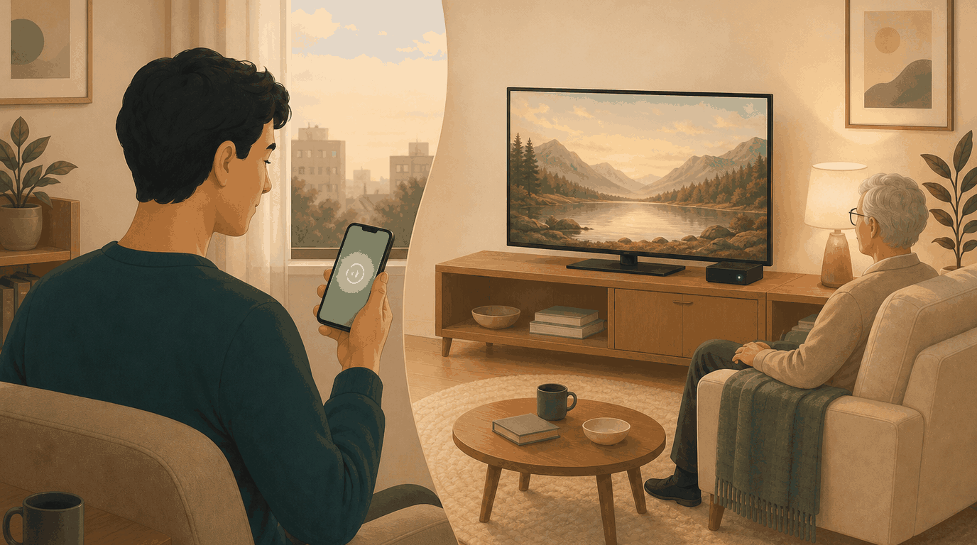 An adult child with a phone, a parent watching TV in the living room, and a small box near the TV.
